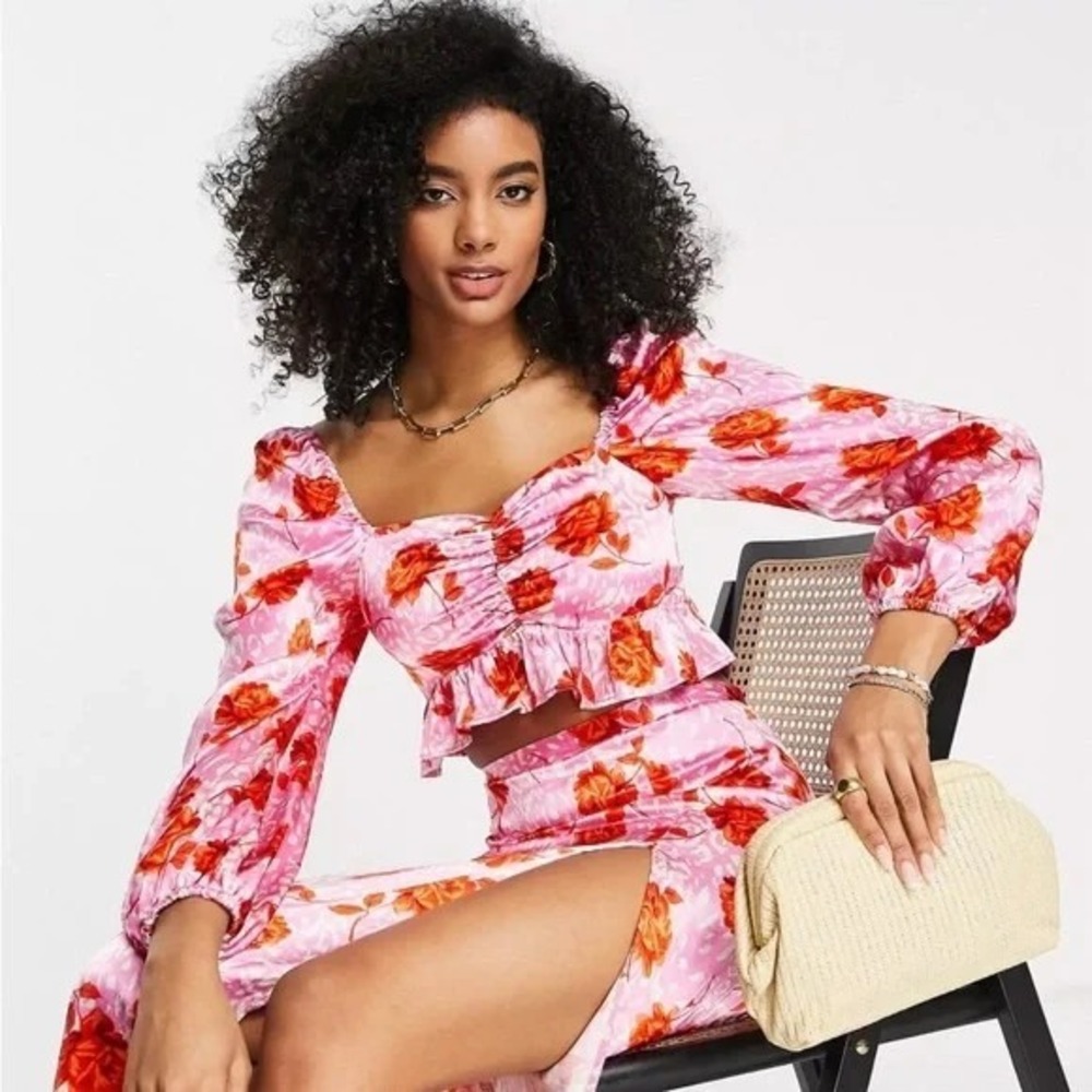NWT Topshop Rose Animal Print Satin Long Sleeve Crop Top‎ Pink Size 6